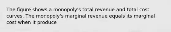 The figure shows a​ monopoly's total revenue and total cost curves. The​ monopoly's marginal revenue equals its marginal cost when it produce