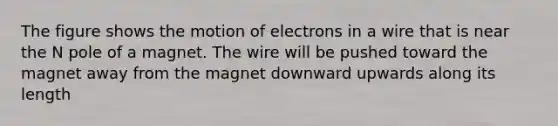 The figure shows the motion of electrons in a wire that is near the N pole of a magnet. The wire will be pushed toward the magnet away from the magnet downward upwards along its length