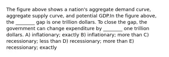 The figure above shows a nation's aggregate demand curve, aggregate supply curve, and potential GDP.In the figure above, the ________ gap is one trillion dollars. To close the gap, the government can change expenditure by ________ one trillion dollars. A) inflationary; exactly B) inflationary; more than C) recessionary; less than D) recessionary; more than E) recessionary; exactly