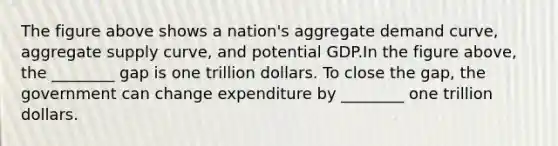 The figure above shows a nation's aggregate demand curve, aggregate supply curve, and potential GDP.In the figure above, the ________ gap is one trillion dollars. To close the gap, the government can change expenditure by ________ one trillion dollars.