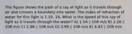 The figure shows the path of a ray of light as it travels through air and crosses a boundary into water. The index of refraction of water for this light is 1.33. 16. What is the speed of this ray of light as it travels through the water? A) 1.54 ◊ 108 m/s B) 2.26 ◊ 108 m/s C) 2.86 ◊ 108 m/s D) 3.99 ◊ 108 m/s E) 4.43 ◊ 109 m/s