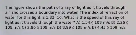 The figure shows the path of a ray of light as it travels through air and crosses a boundary into water. The index of refraction of water for this light is 1.33. 16. What is the speed of this ray of light as it travels through the water? A) 1.54 ◊ 108 m/s B) 2.26 ◊ 108 m/s C) 2.86 ◊ 108 m/s D) 3.99 ◊ 108 m/s E) 4.43 ◊ 109 m/s