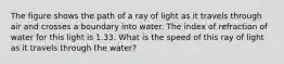 The figure shows the path of a ray of light as it travels through air and crosses a boundary into water. The index of refraction of water for this light is 1.33. What is the speed of this ray of light as it travels through the water?