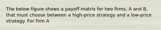 The below figure shows a payoff matrix for two firms, A and B, that must choose between a high-price strategy and a low-price strategy. For firm A