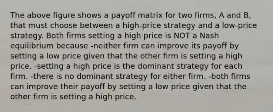 The above figure shows a payoff matrix for two firms, A and B, that must choose between a high-price strategy and a low-price strategy. Both firms setting a high price is NOT a Nash equilibrium because -neither firm can improve its payoff by setting a low price given that the other firm is setting a high price. -setting a high price is the dominant strategy for each firm. -there is no dominant strategy for either firm. -both firms can improve their payoff by setting a low price given that the other firm is setting a high price.