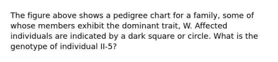 The figure above shows a pedigree chart for a family, some of whose members exhibit the dominant trait, W. Affected individuals are indicated by a dark square or circle. What is the genotype of individual II-5?