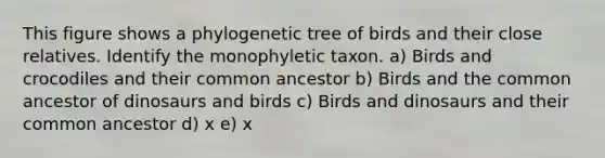 This figure shows a phylogenetic tree of birds and their close relatives. Identify the monophyletic taxon. a) Birds and crocodiles and their common ancestor b) Birds and the common ancestor of dinosaurs and birds c) Birds and dinosaurs and their common ancestor d) x e) x