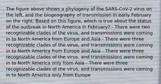 The figure above shows a phylogeny of the SARS-CoV-2 virus on the left, and the biogeography of transmission in early February on the right. Based on this figure, which is true about the status of the outbreak in North America in February? - There were two recognizable clades of the virus, and transmissions were coming in to North America from Europe and Asia - There were three recognizable clades of the virus, and transmissions were coming in to North America from Europe and Asia - There were three recognizable clades of the virus, and transmissions were coming in to North America only from Asia - There were three recognizable clades of the virus, and transmissions were coming in to North America only from Europe