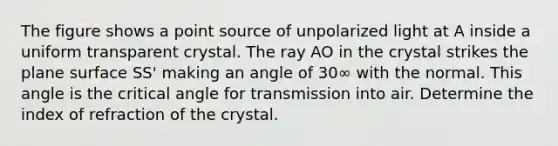 The figure shows a point source of unpolarized light at A inside a uniform transparent crystal. The ray AO in the crystal strikes the plane surface SS' making an angle of 30∞ with the normal. This angle is the critical angle for transmission into air. Determine the index of refraction of the crystal.