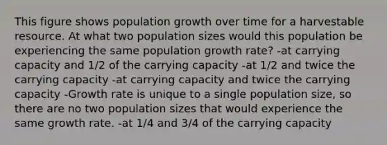 This figure shows population growth over time for a harvestable resource. At what two population sizes would this population be experiencing the same population growth rate? -at carrying capacity and 1/2 of the carrying capacity -at 1/2 and twice the carrying capacity -at carrying capacity and twice the carrying capacity -Growth rate is unique to a single population size, so there are no two population sizes that would experience the same growth rate. -at 1/4 and 3/4 of the carrying capacity