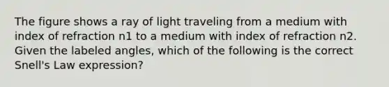 The figure shows a ray of light traveling from a medium with index of refraction n1 to a medium with index of refraction n2. Given the labeled angles, which of the following is the correct Snell's Law expression?