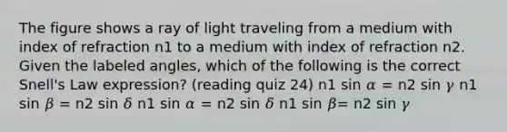 The figure shows a ray of light traveling from a medium with index of refraction n1 to a medium with index of refraction n2. Given the labeled angles, which of the following is the correct Snell's Law expression? (reading quiz 24) n1 sin 𝛼 = n2 sin 𝛾 n1 sin 𝛽 = n2 sin 𝛿 n1 sin 𝛼 = n2 sin 𝛿 n1 sin 𝛽= n2 sin 𝛾