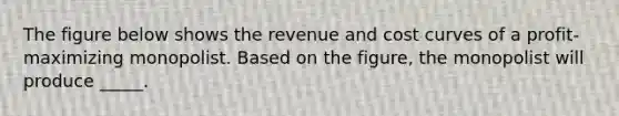 The figure below shows the revenue and cost curves of a profit-maximizing monopolist. Based on the figure, the monopolist will produce _____.