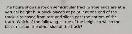 The figure shows a rough semicircular track whose ends are at a vertical height h. A block placed at point P at one end of the track is released from rest and slides past the bottom of the track. Which of the following is true of the height to which the block rises on the other side of the track?