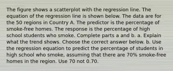 The figure shows a scatterplot with the regression line. The equation of the regression line is shown below. The data are for the 50 regions in Country A. The predictor is the percentage of​ smoke-free homes. The response is the percentage of high school students who smoke. Complete parts a and b. a. Explain what the trend shows. Choose the correct answer below. b. Use the regression equation to predict the percentage of students in high school who​ smoke, assuming that there are​ 70% smoke-free homes in the region. Use 70 not 0.70.