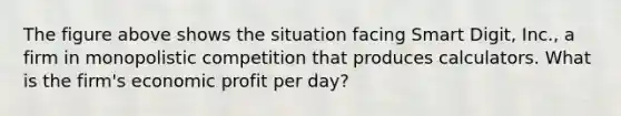 The figure above shows the situation facing Smart Digit, Inc., a firm in monopolistic competition that produces calculators. What is the firm's economic profit per day?