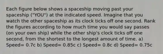 Each figure below shows a spaceship moving past your spaceship ("YOU") at the indicated speed. Imagine that you watch the other spaceship as its clock ticks off one second. Rank the figures according to how much time you would say passes (on your own ship) while the other ship's clock ticks off one second, from the shortest to the longest amount of time. a) Speed= 0.7c b) Speed= 0.85c c) Speed= 0.8c d) Speed= 0.75c