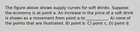 The figure above shows supply curves for soft drinks. Suppose the economy is at point a. An increase in the price of a soft drink is shown as a movement from point a to ___________. A) none of the points that are illustrated. B) point b. C) point c. D) point d.