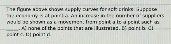 The figure above shows supply curves for soft drinks. Suppose the economy is at point a. An increase in the number of suppliers would be shown as a movement from point a to a point such as _____. A) none of the points that are illustrated. B) point b. C) point c. D) point d.