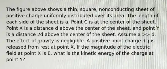 The figure above shows a thin, square, nonconducting sheet of positive charge uniformly distributed over its area. The length of each side of the sheet is a. Point C is at the center of the sheet. Point X is a distance d above the center of the sheet, and point Y is a distance 2d above the center of the sheet. Assume a >> d. The effect of gravity is negligible. A positive point charge +q is released from rest at point X. If the magnitude of the electric field at point X is E, what is the kinetic energy of the charge at point Y?