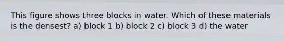 This figure shows three blocks in water. Which of these materials is the densest? a) block 1 b) block 2 c) block 3 d) the water