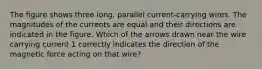 The figure shows three long, parallel current-carrying wires. The magnitudes of the currents are equal and their directions are indicated in the figure. Which of the arrows drawn near the wire carrying current 1 correctly indicates the direction of the magnetic force acting on that wire?