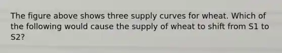 The figure above shows three supply curves for wheat. Which of the following would cause the supply of wheat to shift from S1 to S2?