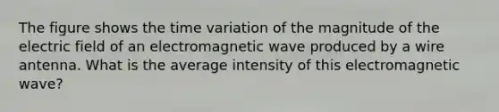 The figure shows the time variation of the magnitude of the electric field of an electromagnetic wave produced by a wire antenna. What is the average intensity of this electromagnetic wave?