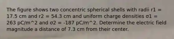 The figure shows two concentric spherical shells with radii r1 = 17.5 cm and r2 = 54.3 cm and uniform charge densities σ1 = 263 pC/m^2 and σ2 = -187 pC/m^2. Determine the electric field magnitude a distance of 7.3 cm from their center.