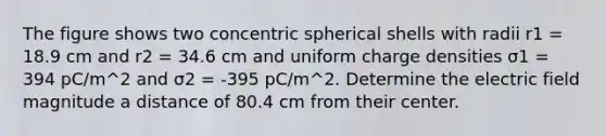 The figure shows two concentric spherical shells with radii r1 = 18.9 cm and r2 = 34.6 cm and uniform charge densities σ1 = 394 pC/m^2 and σ2 = -395 pC/m^2. Determine the electric field magnitude a distance of 80.4 cm from their center.