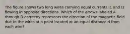 The figure shows two long wires carrying equal currents I1 and I2 flowing in opposite directions. Which of the arrows labeled A through D correctly represents the direction of the magnetic field due to the wires at a point located at an equal distance d from each wire?