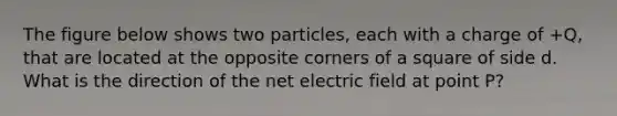 The figure below shows two particles, each with a charge of +Q, that are located at the opposite corners of a square of side d. What is the direction of the net electric field at point P?