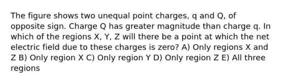 The figure shows two unequal point charges, q and Q, of opposite sign. Charge Q has greater magnitude than charge q. In which of the regions X, Y, Z will there be a point at which the net electric field due to these charges is zero? A) Only regions X and Z B) Only region X C) Only region Y D) Only region Z E) All three regions