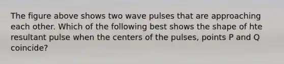 The figure above shows two wave pulses that are approaching each other. Which of the following best shows the shape of hte resultant pulse when the centers of the pulses, points P and Q coincide?