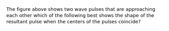 The figure above shows two wave pulses that are approaching each other which of the following best shows the shape of the resultant pulse when the centers of the pulses coincide?