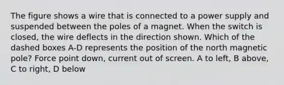 The figure shows a wire that is connected to a power supply and suspended between the poles of a magnet. When the switch is closed, the wire deflects in the direction shown. Which of the dashed boxes A-D represents the position of the north magnetic pole? Force point down, current out of screen. A to left, B above, C to right, D below