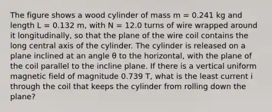 The figure shows a wood cylinder of mass m = 0.241 kg and length L = 0.132 m, with N = 12.0 turns of wire wrapped around it longitudinally, so that the plane of the wire coil contains the long central axis of the cylinder. The cylinder is released on a plane inclined at an angle θ to the horizontal, with the plane of the coil parallel to the incline plane. If there is a vertical uniform magnetic field of magnitude 0.739 T, what is the least current i through the coil that keeps the cylinder from rolling down the plane?