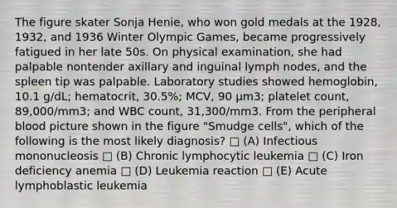 The figure skater Sonja Henie, who won gold medals at the 1928, 1932, and 1936 Winter Olympic Games, became progressively fatigued in her late 50s. On physical examination, she had palpable nontender axillary and inguinal lymph nodes, and the spleen tip was palpable. Laboratory studies showed hemoglobin, 10.1 g/dL; hematocrit, 30.5%; MCV, 90 μm3; platelet count, 89,000/mm3; and WBC count, 31,300/mm3. From the peripheral blood picture shown in the figure "Smudge cells", which of the following is the most likely diagnosis? □ (A) Infectious mononucleosis □ (B) Chronic lymphocytic leukemia □ (C) Iron deficiency anemia □ (D) Leukemia reaction □ (E) Acute lymphoblastic leukemia