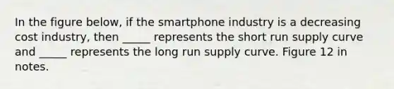 In the figure below, if the smartphone industry is a decreasing cost industry, then _____ represents the short run supply curve and _____ represents the long run supply curve. Figure 12 in notes.