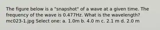 The figure below is a "snapshot" of a wave at a given time. The frequency of the wave is 0.477Hz. What is the wavelength? mc023-1.jpg Select one: a. 1.0m b. 4.0 m c. 2.1 m d. 2.0 m