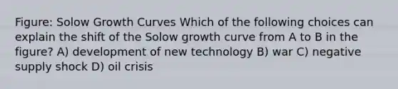 Figure: Solow Growth Curves Which of the following choices can explain the shift of the Solow growth curve from A to B in the figure? A) development of new technology B) war C) negative supply shock D) oil crisis