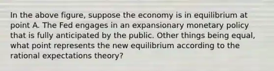 In the above figure, suppose the economy is in equilibrium at point A. The Fed engages in an expansionary monetary policy that is fully anticipated by the public. Other things being equal, what point represents the new equilibrium according to the rational expectations theory?