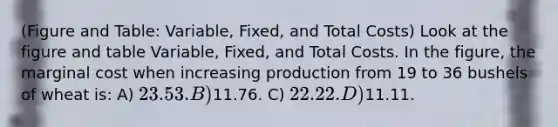 (Figure and Table: Variable, Fixed, and Total Costs) Look at the figure and table Variable, Fixed, and Total Costs. In the figure, the marginal cost when increasing production from 19 to 36 bushels of wheat is: A) 23.53. B)11.76. C) 22.22. D)11.11.