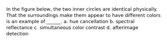 In the figure below, the two inner circles are identical physically. That the surroundings make them appear to have different colors is an example of ______. a. hue cancellation b. spectral reflectance c. simultaneous color contrast d. afterimage detection