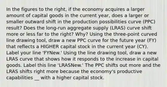 In the figures to the​ right, if the economy acquires a larger amount of capital goods in the current​ year, does a larger or smaller outward shift in the production possibilities curve​ (PPC) result? Does the​ long-run aggregate supply​ (LRAS) curve shift more or less far to the​ right? Why? Using the​ three-point curved line drawing​ tool, draw a new PPC curve for the future year​ (FY) that reflects a HIGHER capital stock in the current year​ (CY). Label your line ​'FYNew​.' Using the line drawing tool​, draw a new LRAS curve that shows how it responds to the increase in capital goods. Label this line ​'LRASNew​.' The PPC shifts out more and the LRAS shifts right more because the​ economy's productive capabilities __ with a higher capital stock.