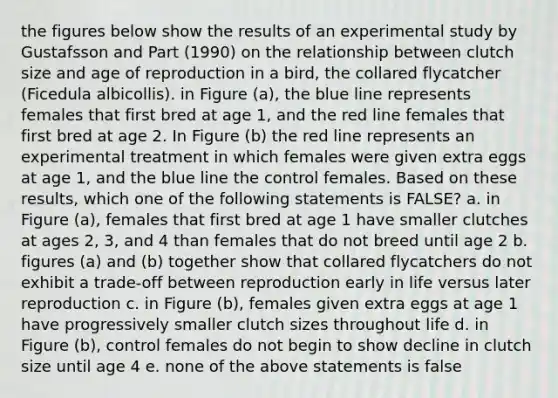 the figures below show the results of an experimental study by Gustafsson and Part (1990) on the relationship between clutch size and age of reproduction in a bird, the collared flycatcher (Ficedula albicollis). in Figure (a), the blue line represents females that first bred at age 1, and the red line females that first bred at age 2. In Figure (b) the red line represents an experimental treatment in which females were given extra eggs at age 1, and the blue line the control females. Based on these results, which one of the following statements is FALSE? a. in Figure (a), females that first bred at age 1 have smaller clutches at ages 2, 3, and 4 than females that do not breed until age 2 b. figures (a) and (b) together show that collared flycatchers do not exhibit a trade-off between reproduction early in life versus later reproduction c. in Figure (b), females given extra eggs at age 1 have progressively smaller clutch sizes throughout life d. in Figure (b), control females do not begin to show decline in clutch size until age 4 e. none of the above statements is false