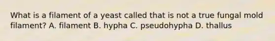 What is a filament of a yeast called that is not a true fungal mold filament? A. filament B. hypha C. pseudohypha D. thallus