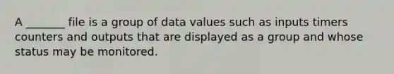 A _______ file is a group of data values such as inputs timers counters and outputs that are displayed as a group and whose status may be monitored.