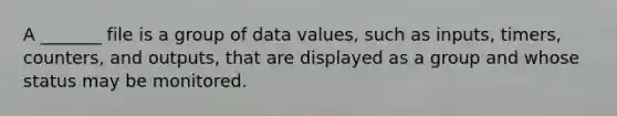 A _______ file is a group of data values, such as inputs, timers, counters, and outputs, that are displayed as a group and whose status may be monitored.