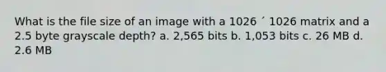 What is the file size of an image with a 1026 ´ 1026 matrix and a 2.5 byte grayscale depth? a. 2,565 bits b. 1,053 bits c. 26 MB d. 2.6 MB